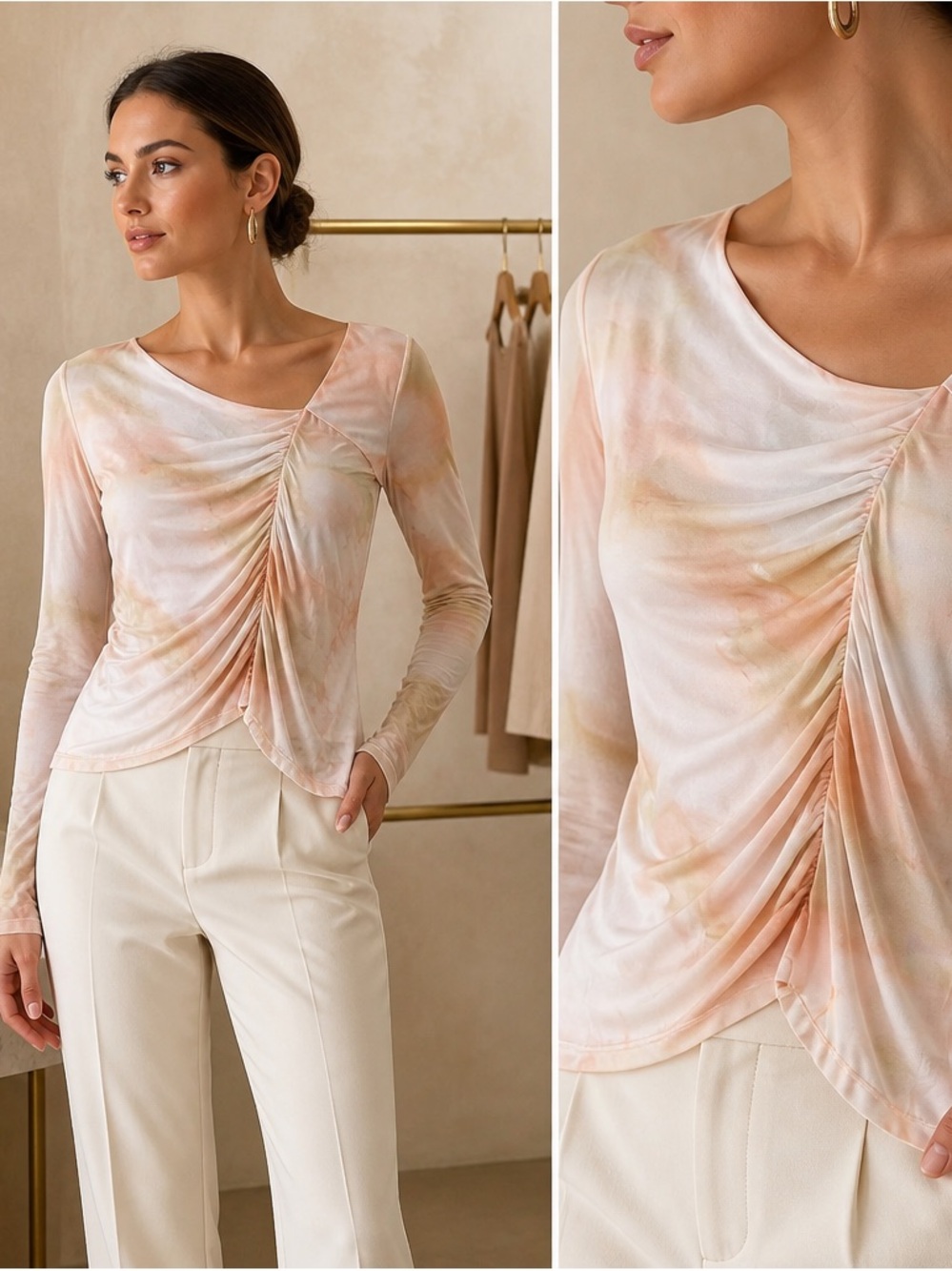 Calvin Klein Peach and Cream Draped Long-Sleeve Blouse